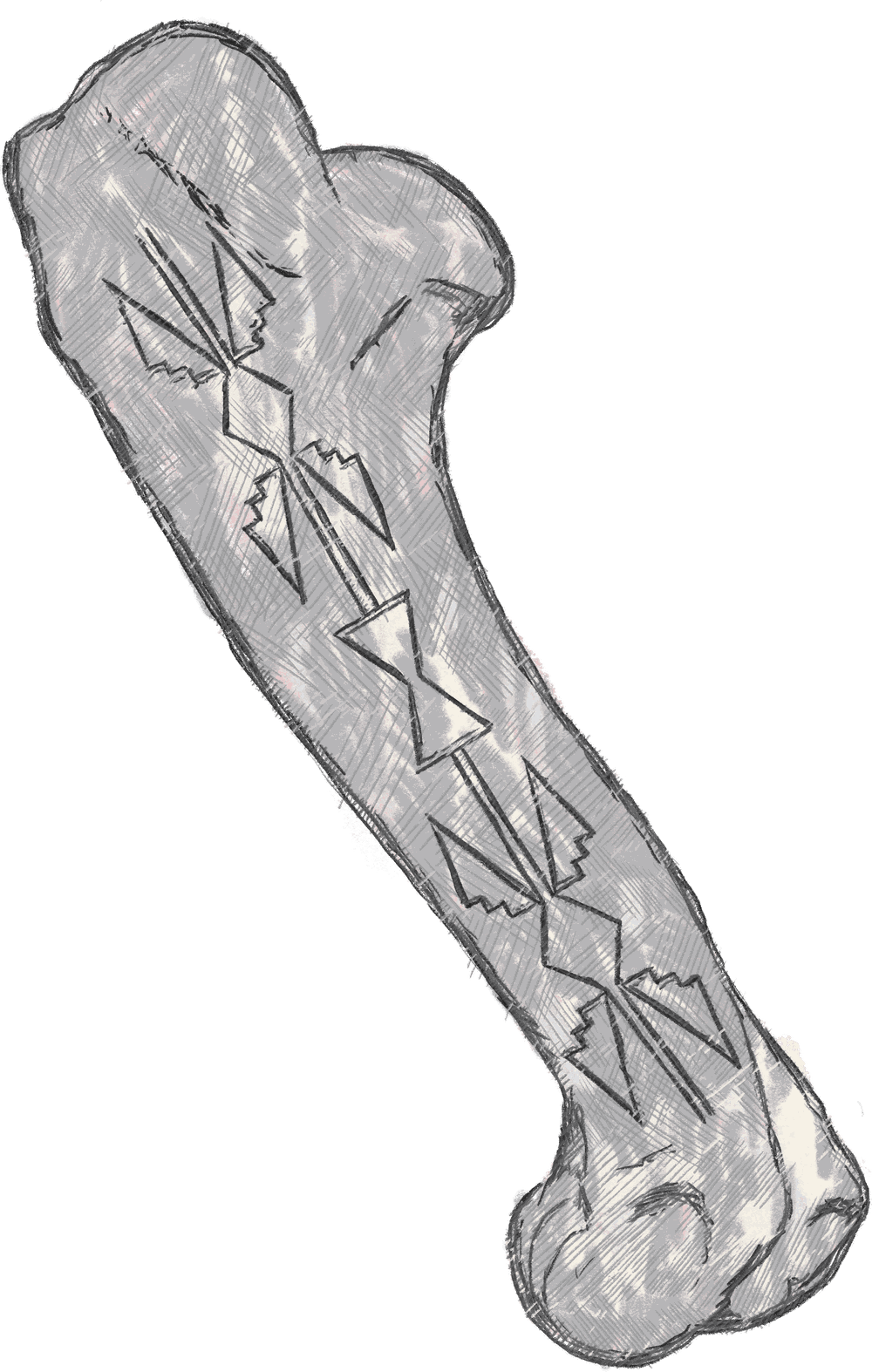 Concept sketch of a cast bone hand-incised with an Osage Nation ribbon work pattern