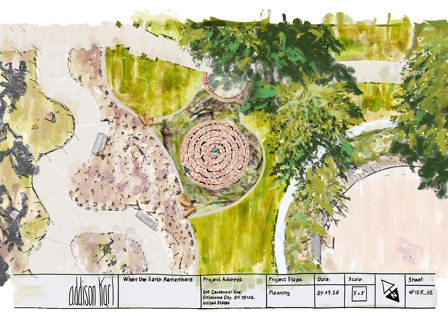 Planning-stage site plan drawing of the spiral installation, labeled When the Earth Remembers, 200 Centennial Ave, Oklahoma City
